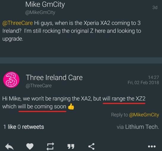爱尔兰运营商Three Irealand曝光的XZ2消息（图片来自爱尔兰运营商Three Irealand）